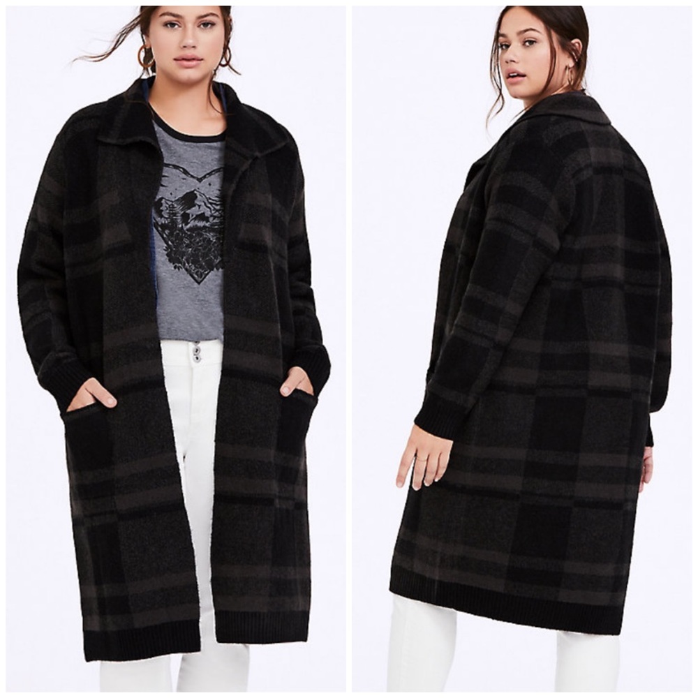 Torrid Grey Plaid Longline Cardigan Coat